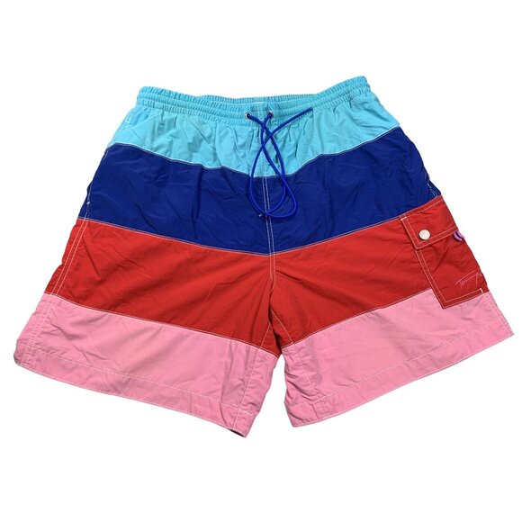 Tommy Hilfiger Mens Large Colorblock Blue/Red/Pink Swim Trunks Nylon/Polyester - Picture 1 of 10